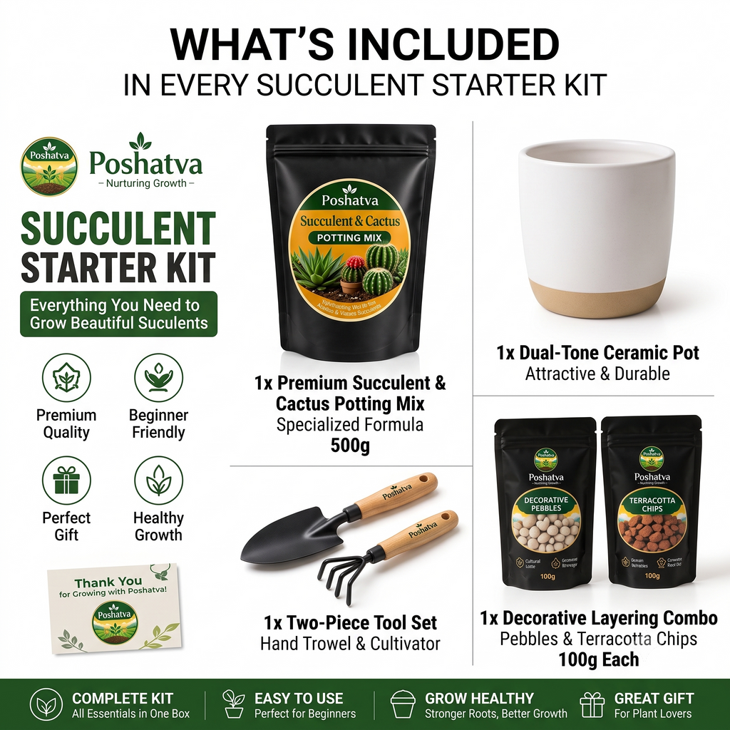Poshatva Succulent Starter Kit – 1 KG Potting Mix, 8 Inch Plant Pot, 500g Decorative Pebbles & Garden Trowel