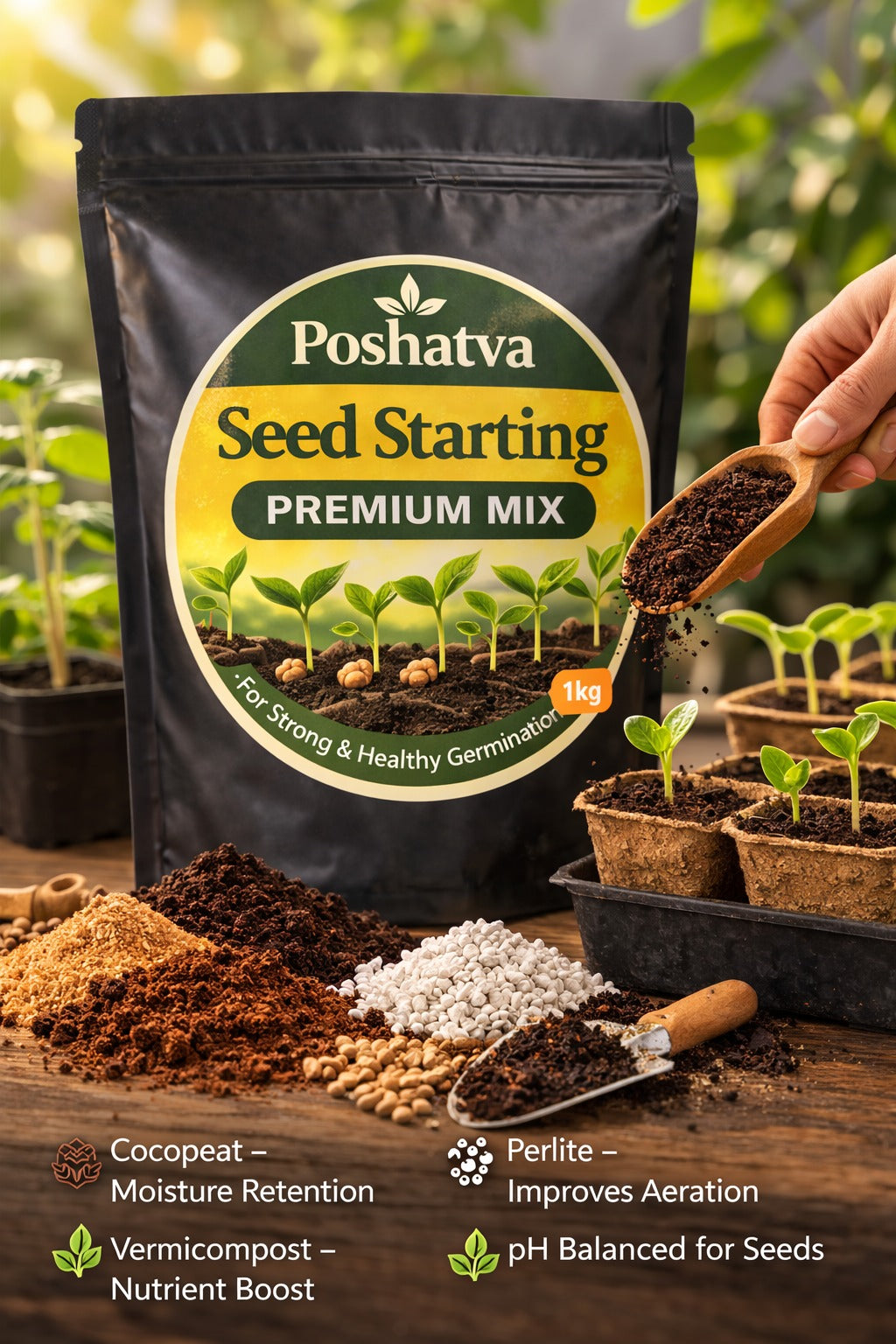 Seed Starting Mix ingredients with seedling trays
