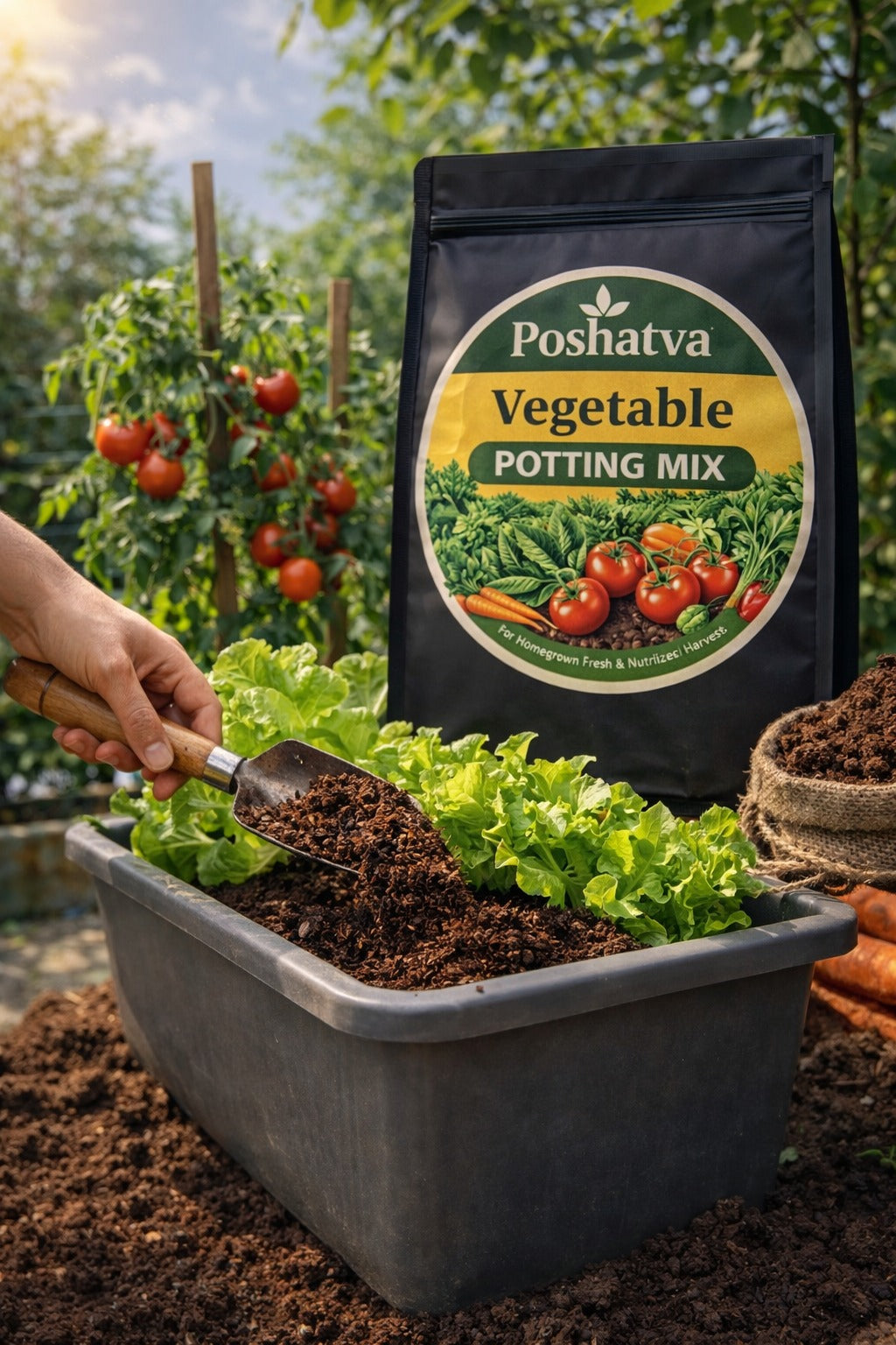Filling a vegetable planter with Poshatva Vegetable Potting Mix