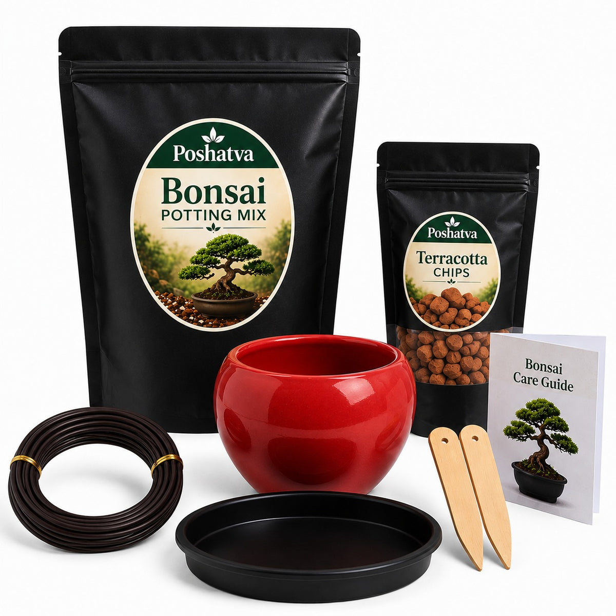 Poshatva Bonsai Starter Kit – 2KG Potting Mix, Ceramic Bonsai Pot, Terracotta Chips & Training Wire
