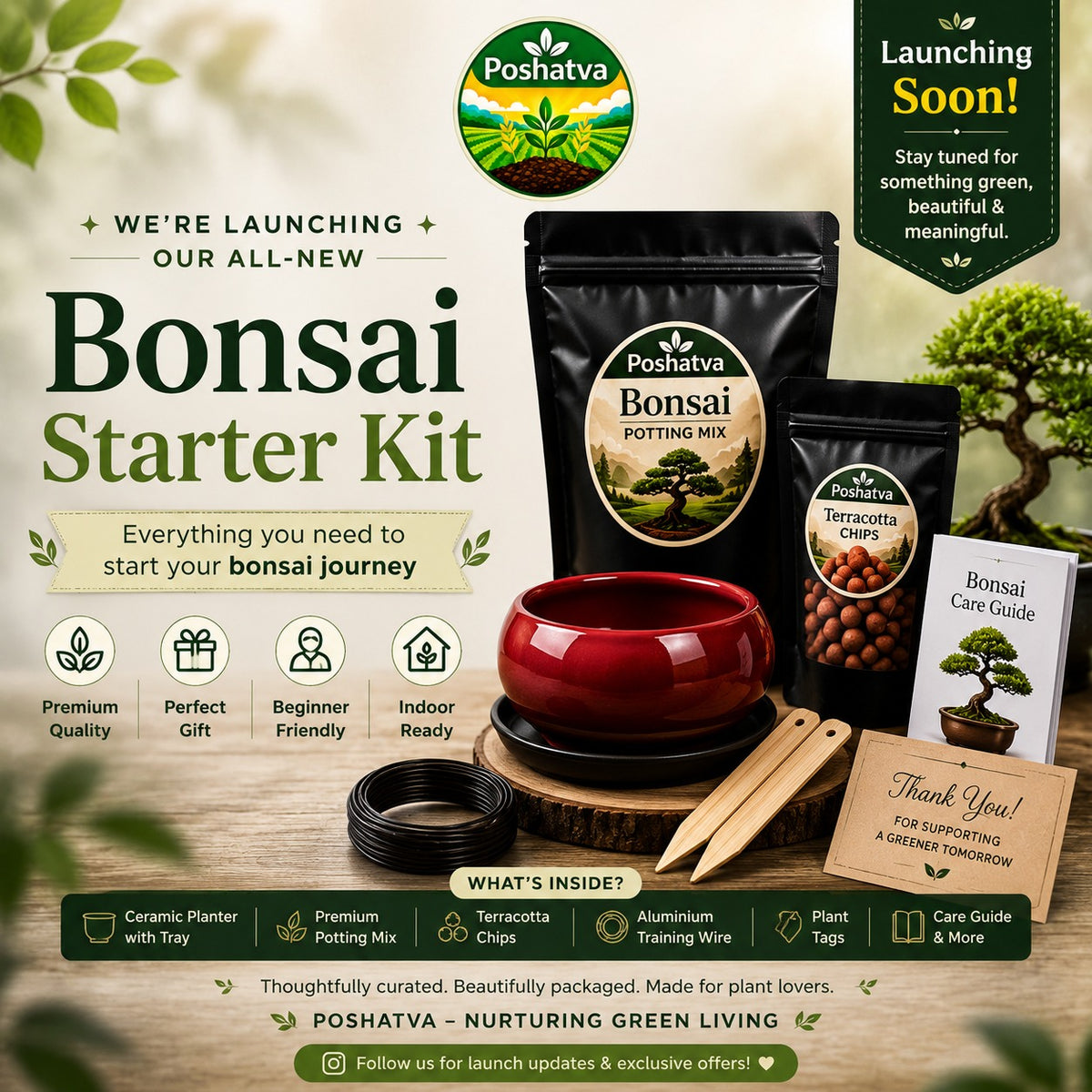 Poshatva Bonsai Starter Kit – 2KG Potting Mix, Ceramic Bonsai Pot, Terracotta Chips & Training Wire