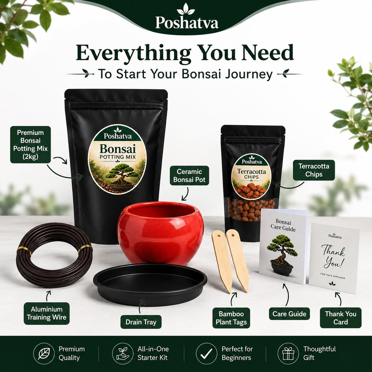 Poshatva Bonsai Starter Kit – 2KG Potting Mix, Ceramic Bonsai Pot, Terracotta Chips & Training Wire