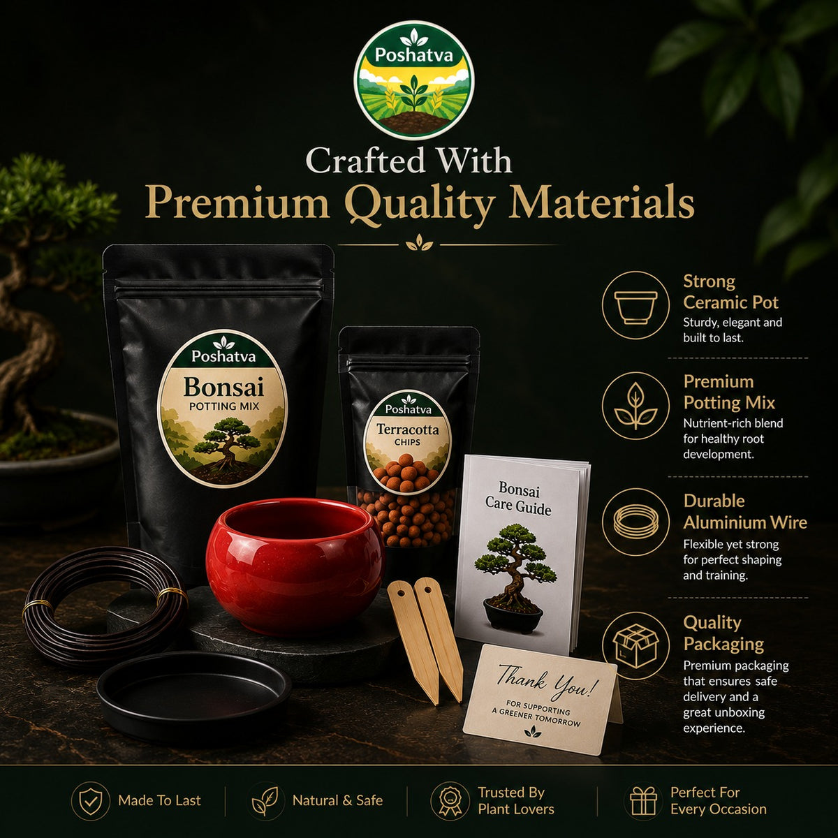Poshatva Bonsai Starter Kit – 2KG Potting Mix, Ceramic Bonsai Pot, Terracotta Chips & Training Wire