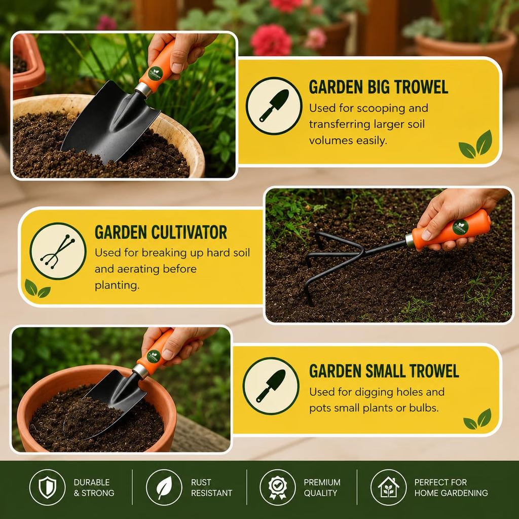 Garden big trowel, cultivator and small trowel in use