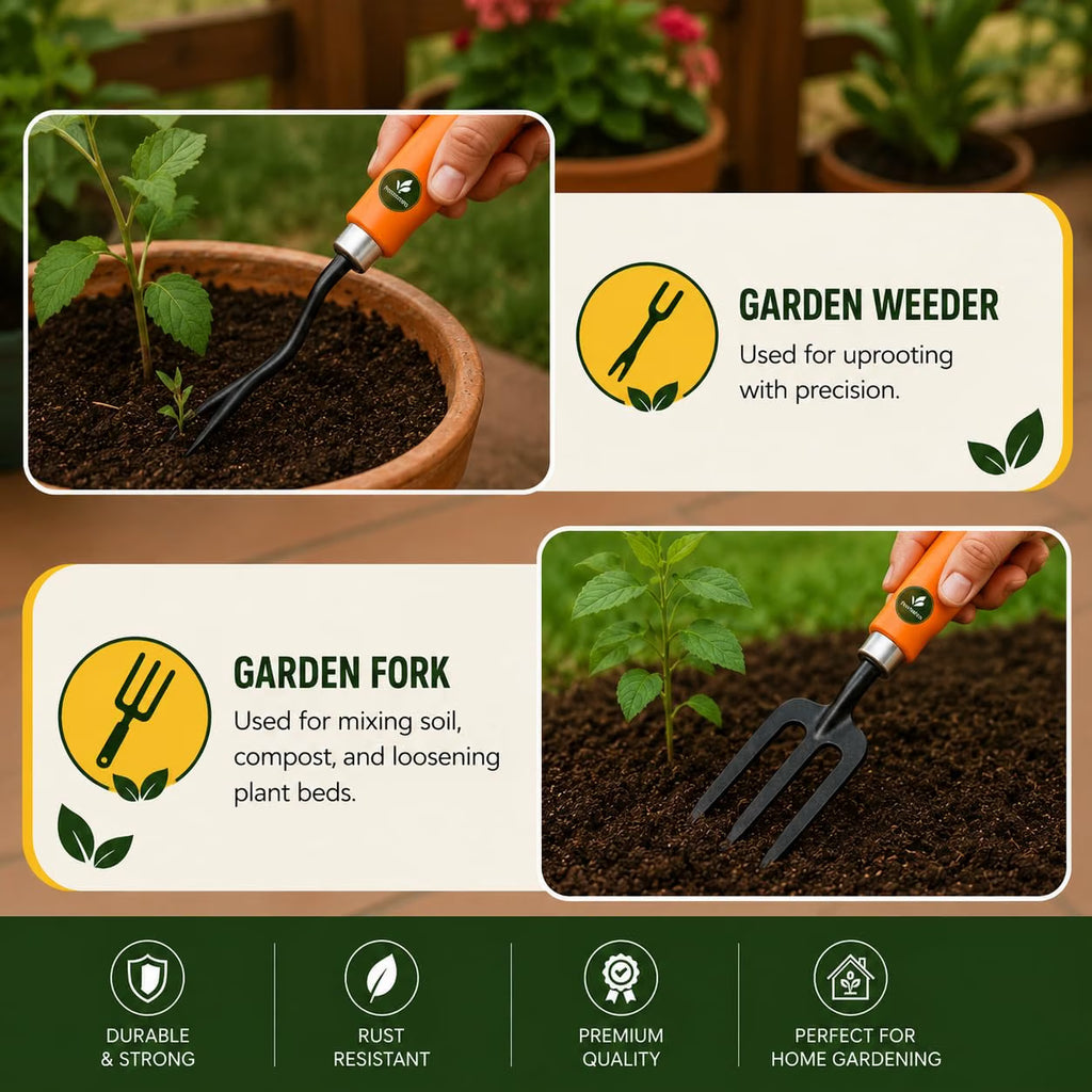 Garden weeder and fork in use