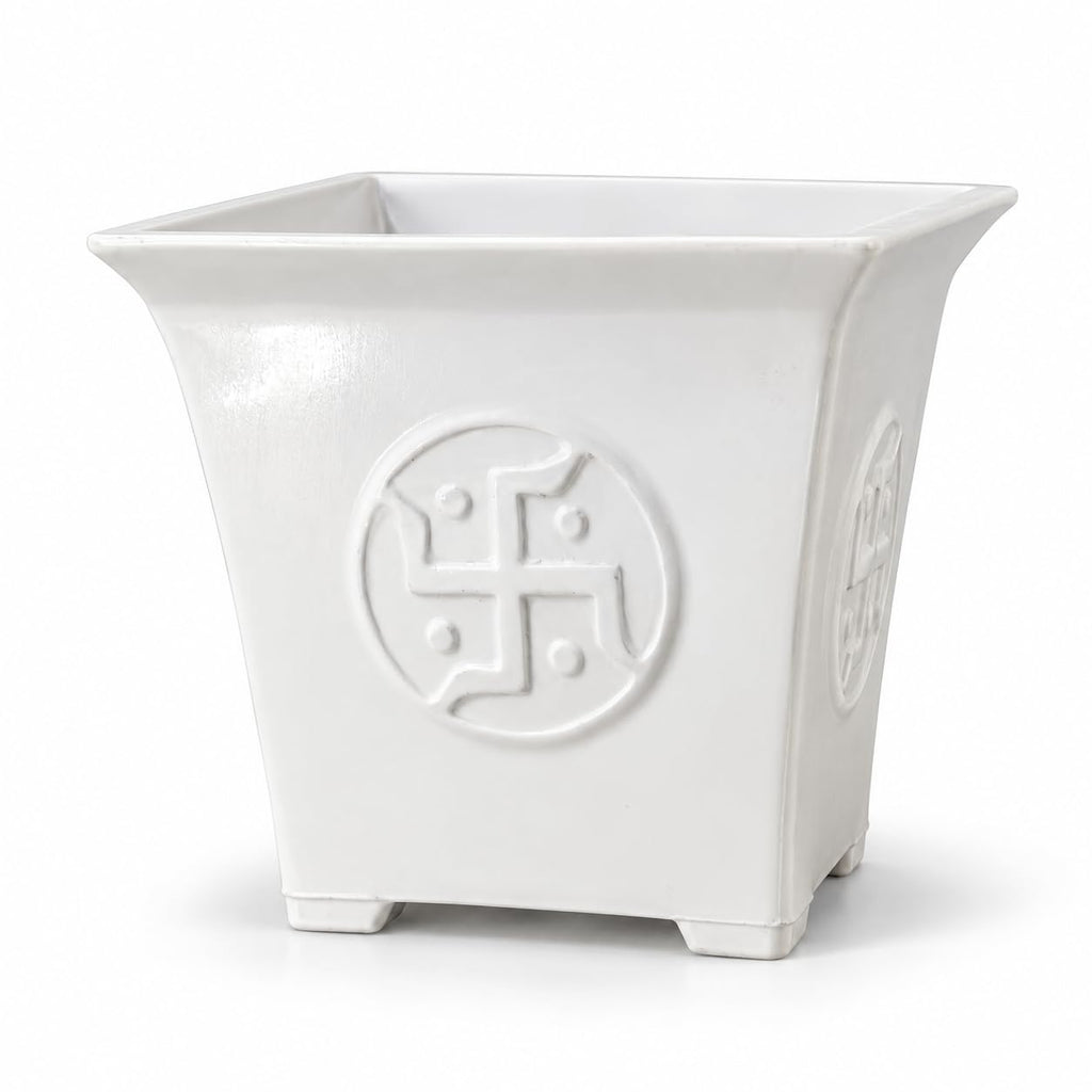 Poshatva white fibre Tulsi planter with Swastik design