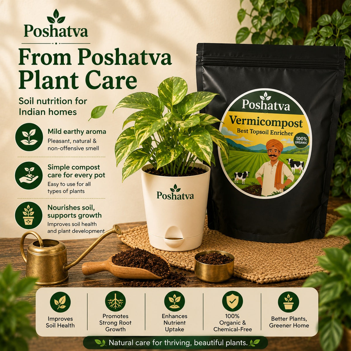 Poshatva Vermicompost | 100% Organic Earthworm Compost | Natural Soil Enricher for Plants & Gardening